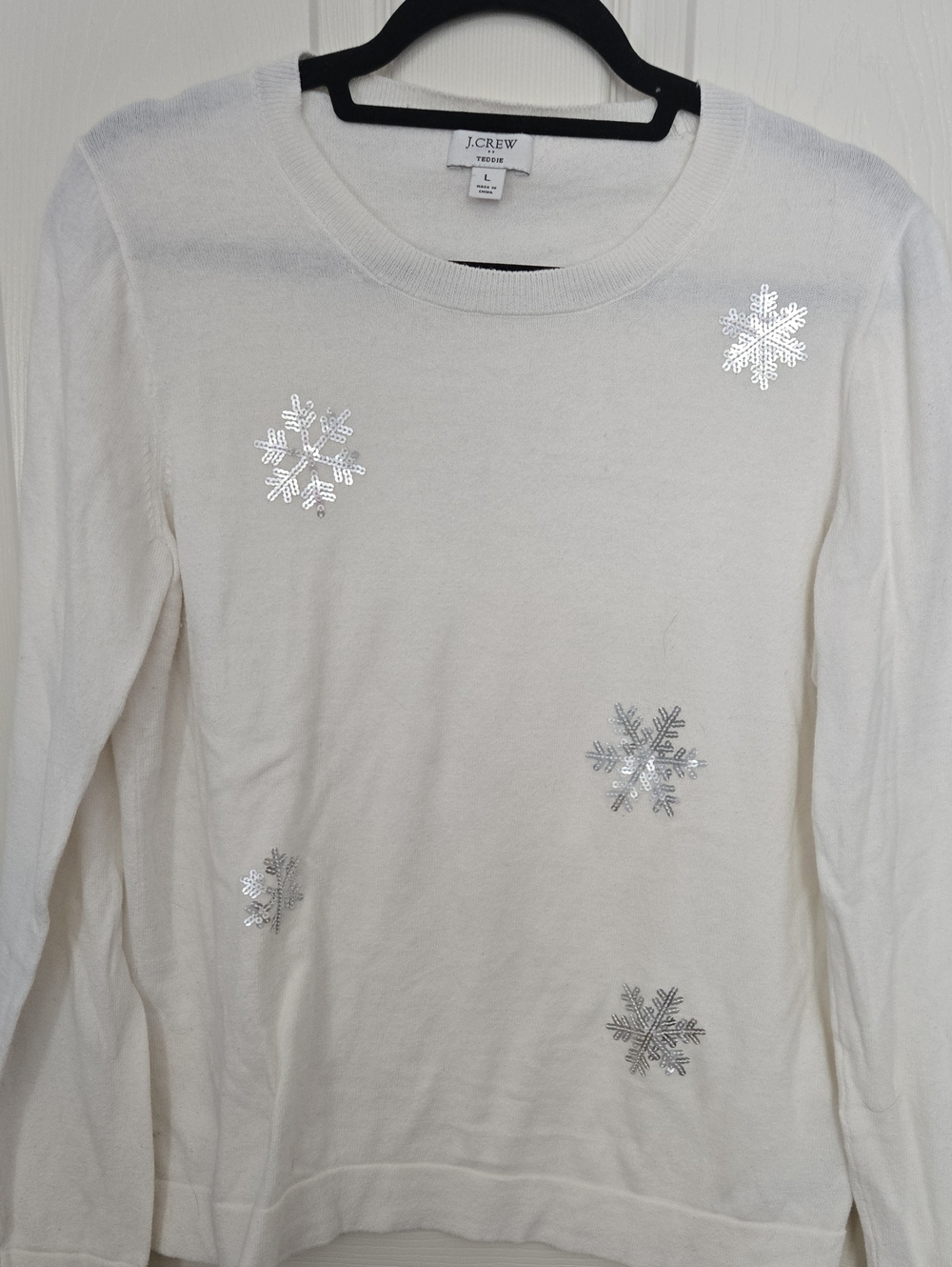 J. Crew White Sequin Snowflake Teddie Sweater